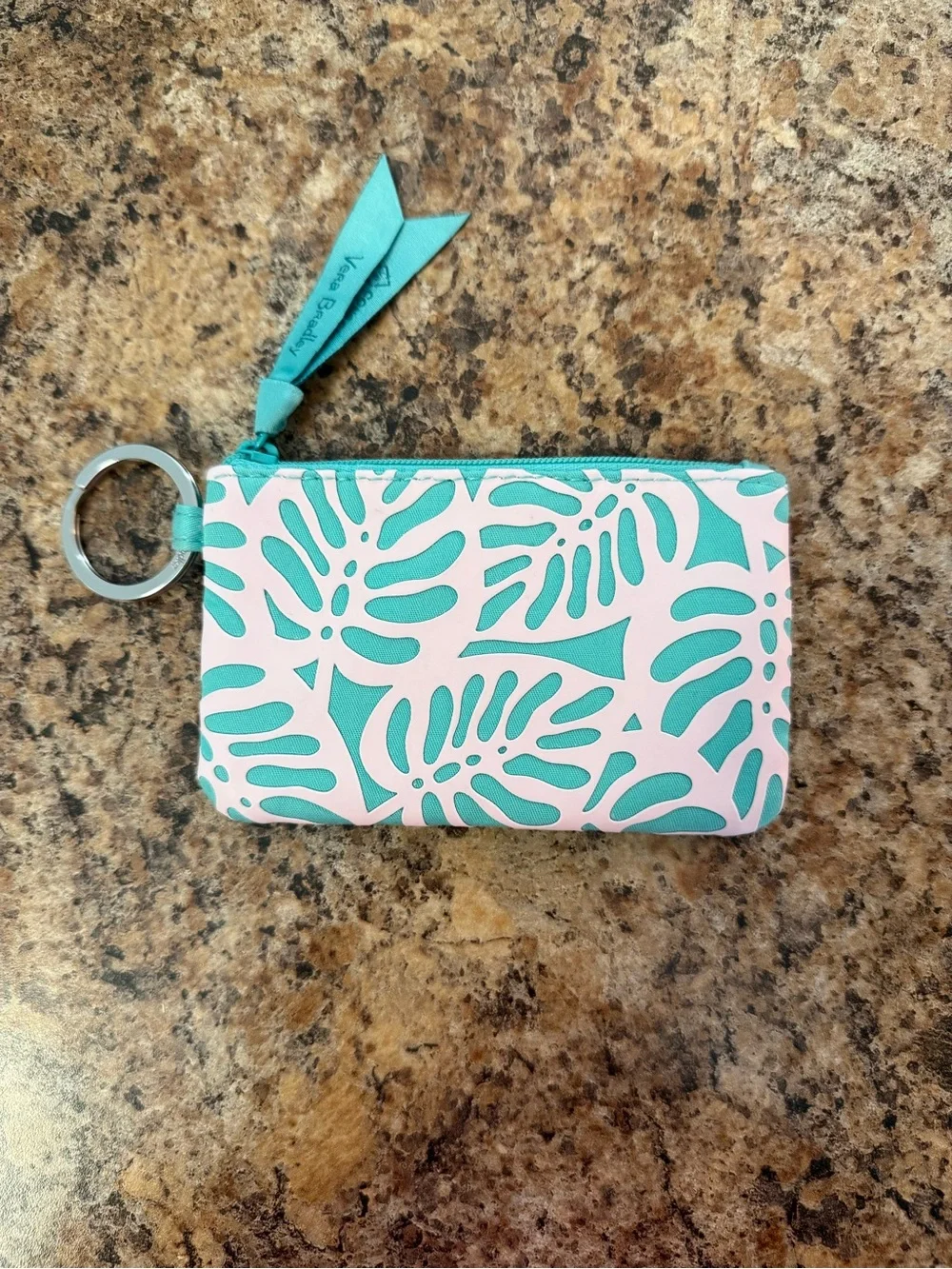 Vera Bradley VBJ20 Teal White Monstera Leaf Zip ID Case Wallet Travel Summer